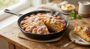 Torta di mele in padella rustica e soffice appena sfornata, con una fetta tagliata su un piatto di legno e zucchero a velo.