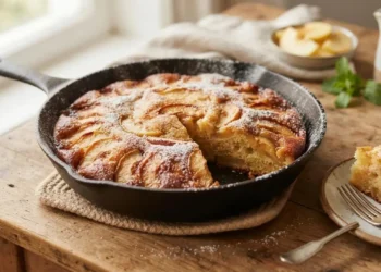 Torta di mele in padella rustica e soffice appena sfornata, con una fetta tagliata su un piatto di legno e zucchero a velo.