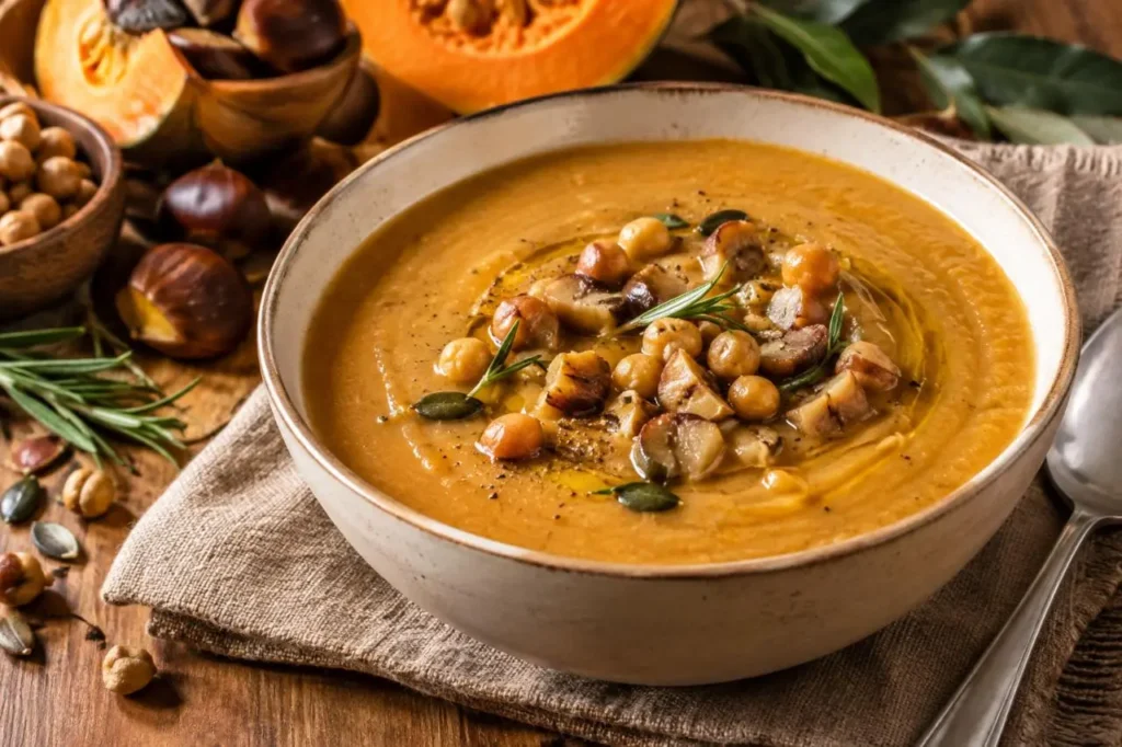 Zuppa di castagne, ceci e zucca Zuppa di castagne, ceci e zucca cremosa con rosmarino e olio extravergine