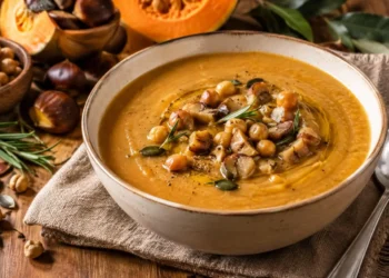 Zuppa di castagne, ceci e zucca cremosa con rosmarino e olio extravergine